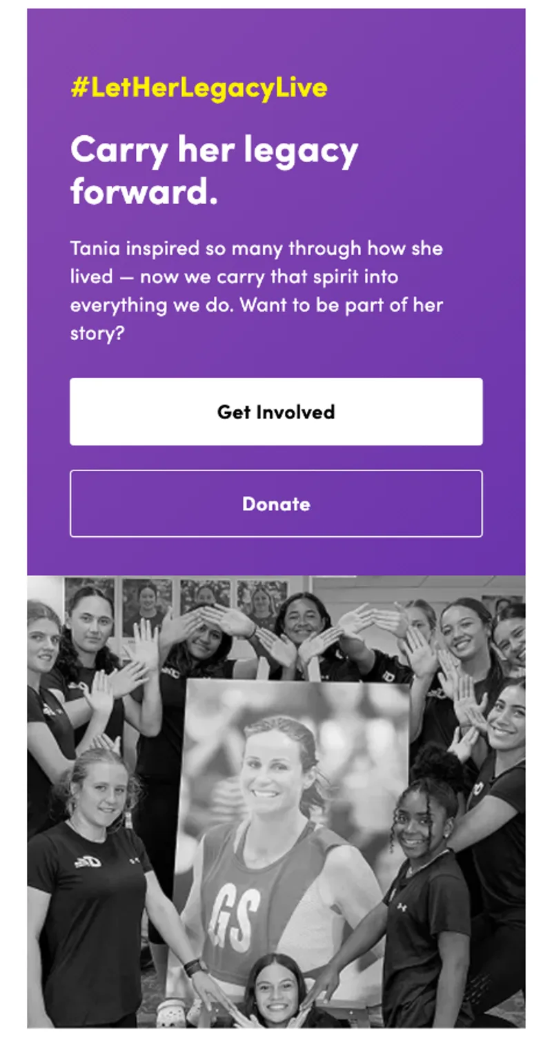Tania Dalton Foundation website, on a phone
