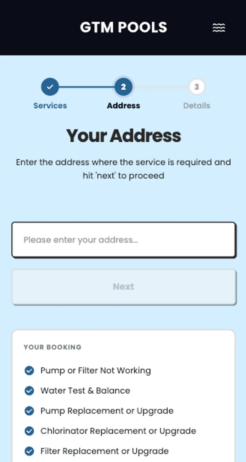 GTM Pools website, on a phone