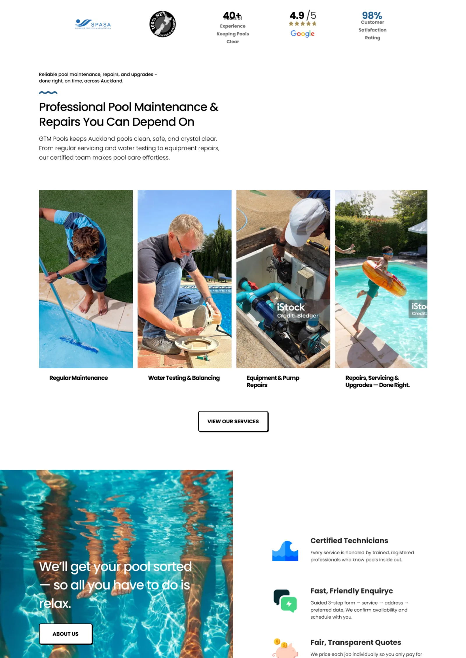 GTM Pools website, on desktop