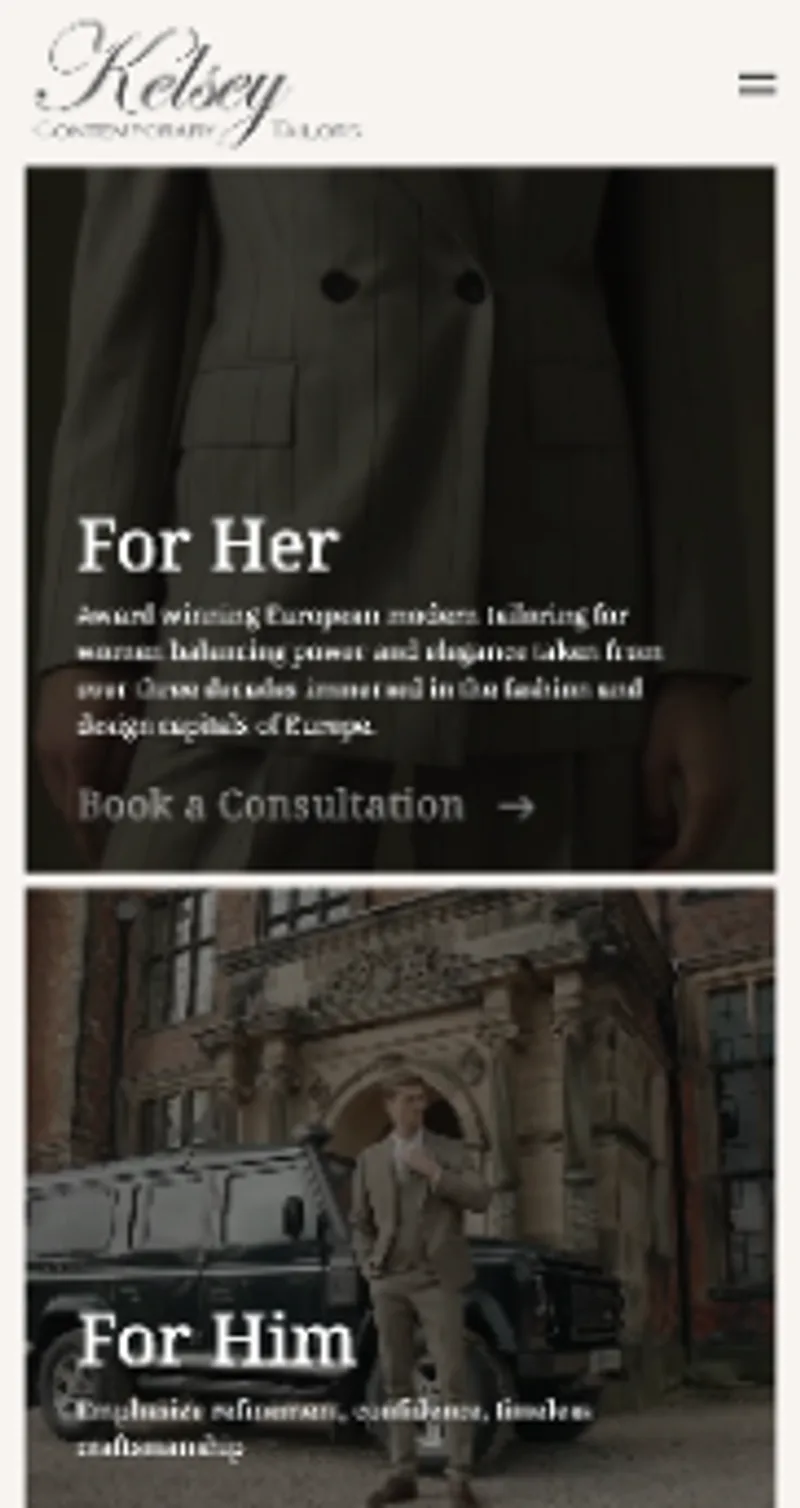 Contemporary Tailors website, on a phone