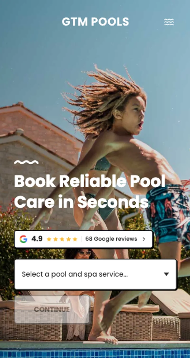 GTM Pools website, on a phone