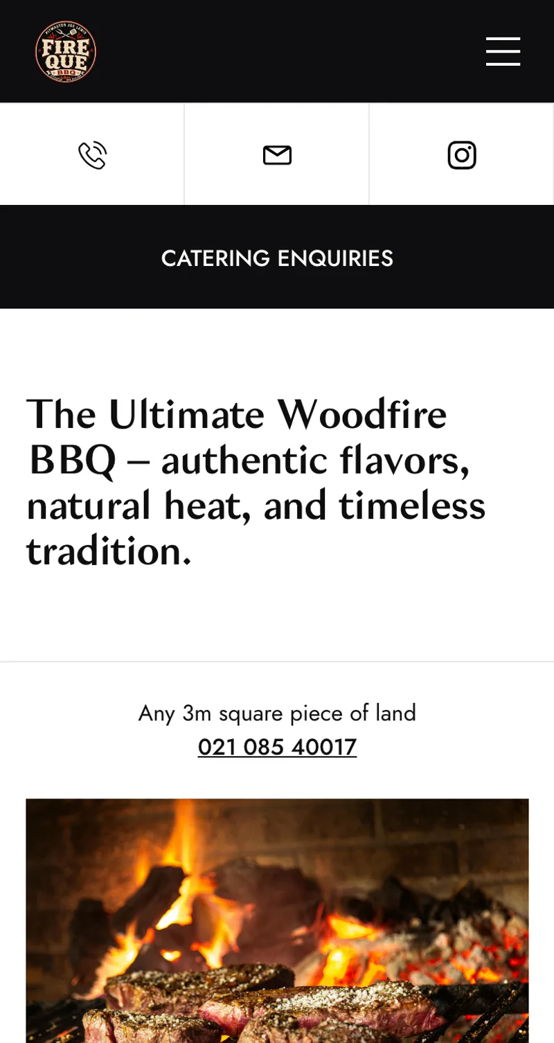Fire Que BBQ website, on a phone