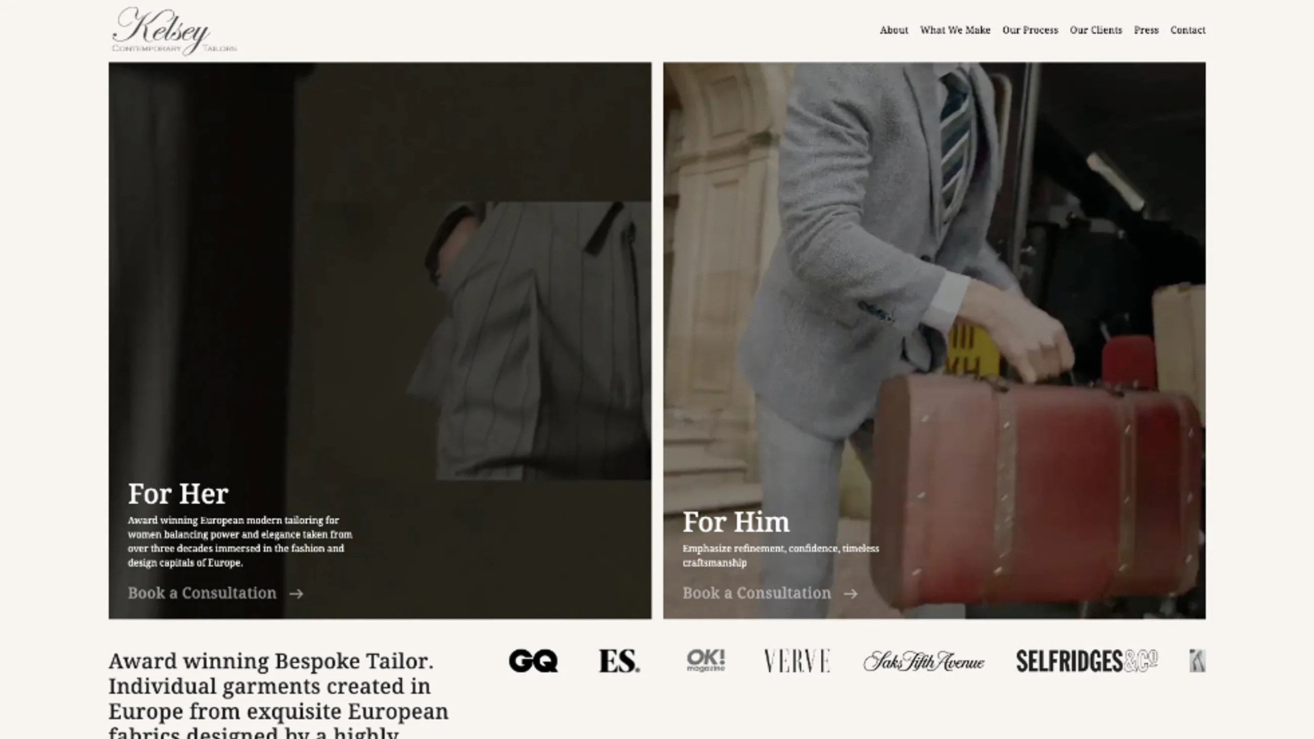 Contemporary Tailors website, on desktop