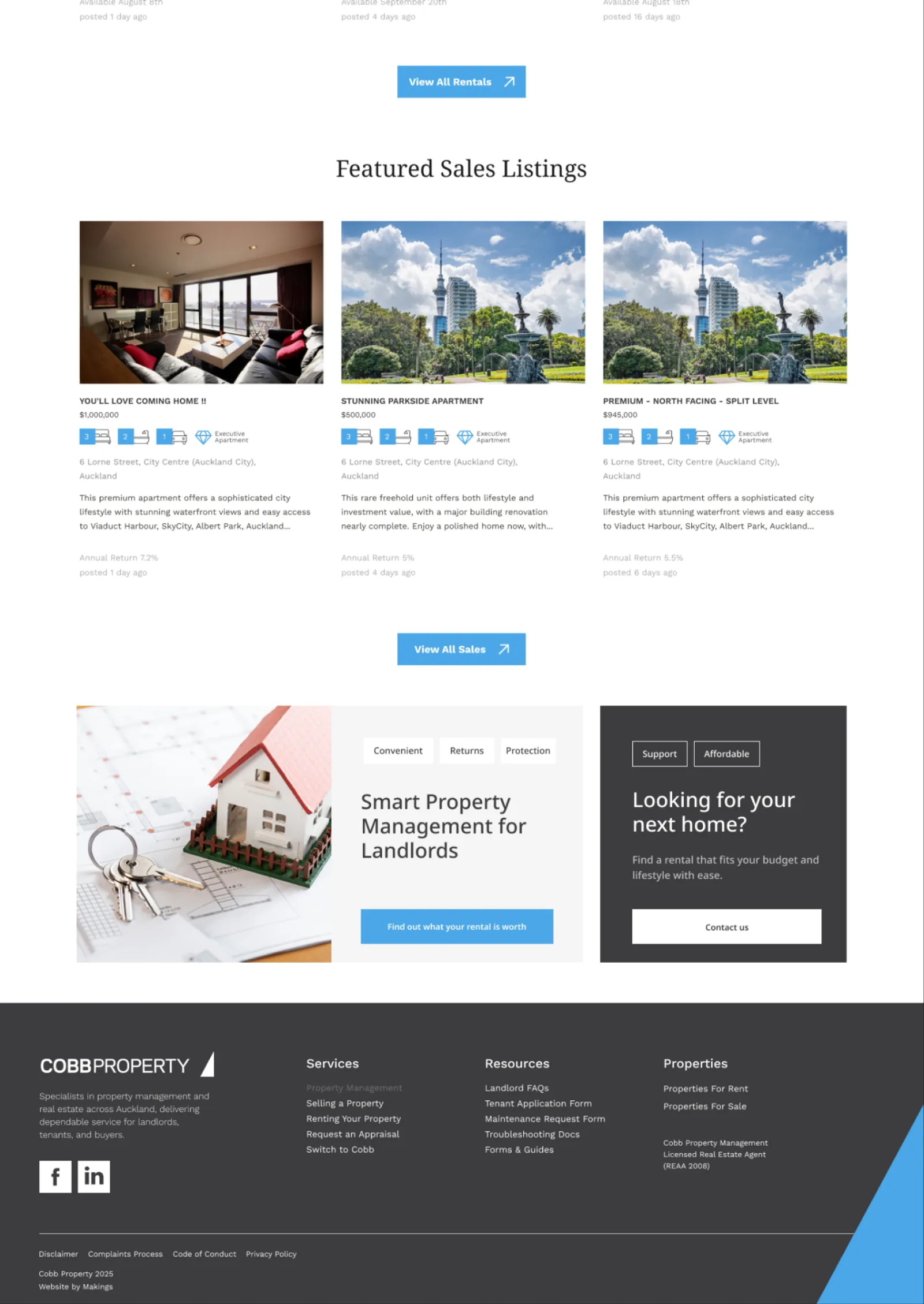 Cobb Property website, on desktop