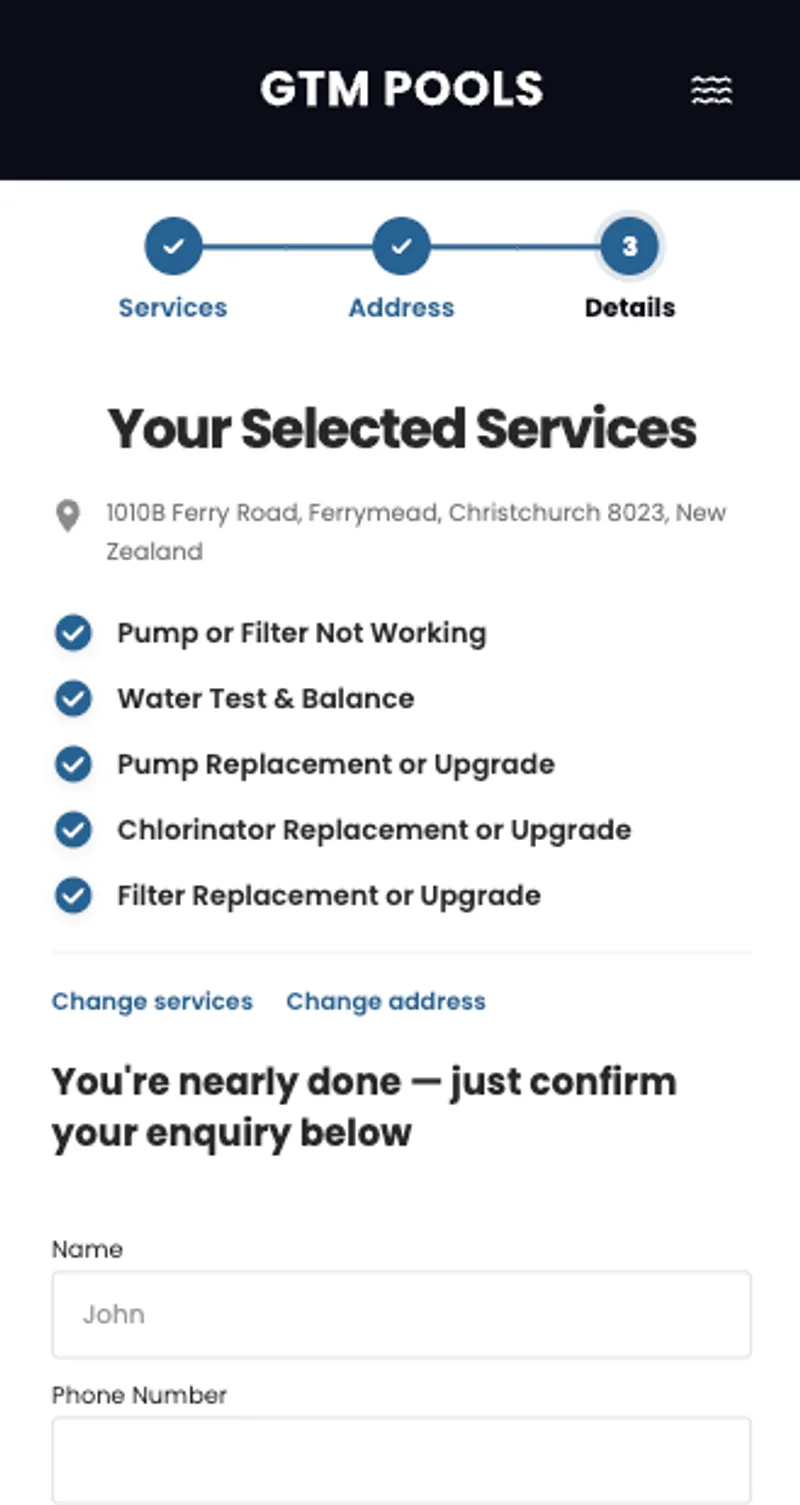 GTM Pools website, on a phone
